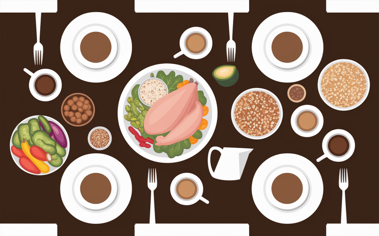 table jeune intermittent 16 8 bol quinoa poulet legumes eau the