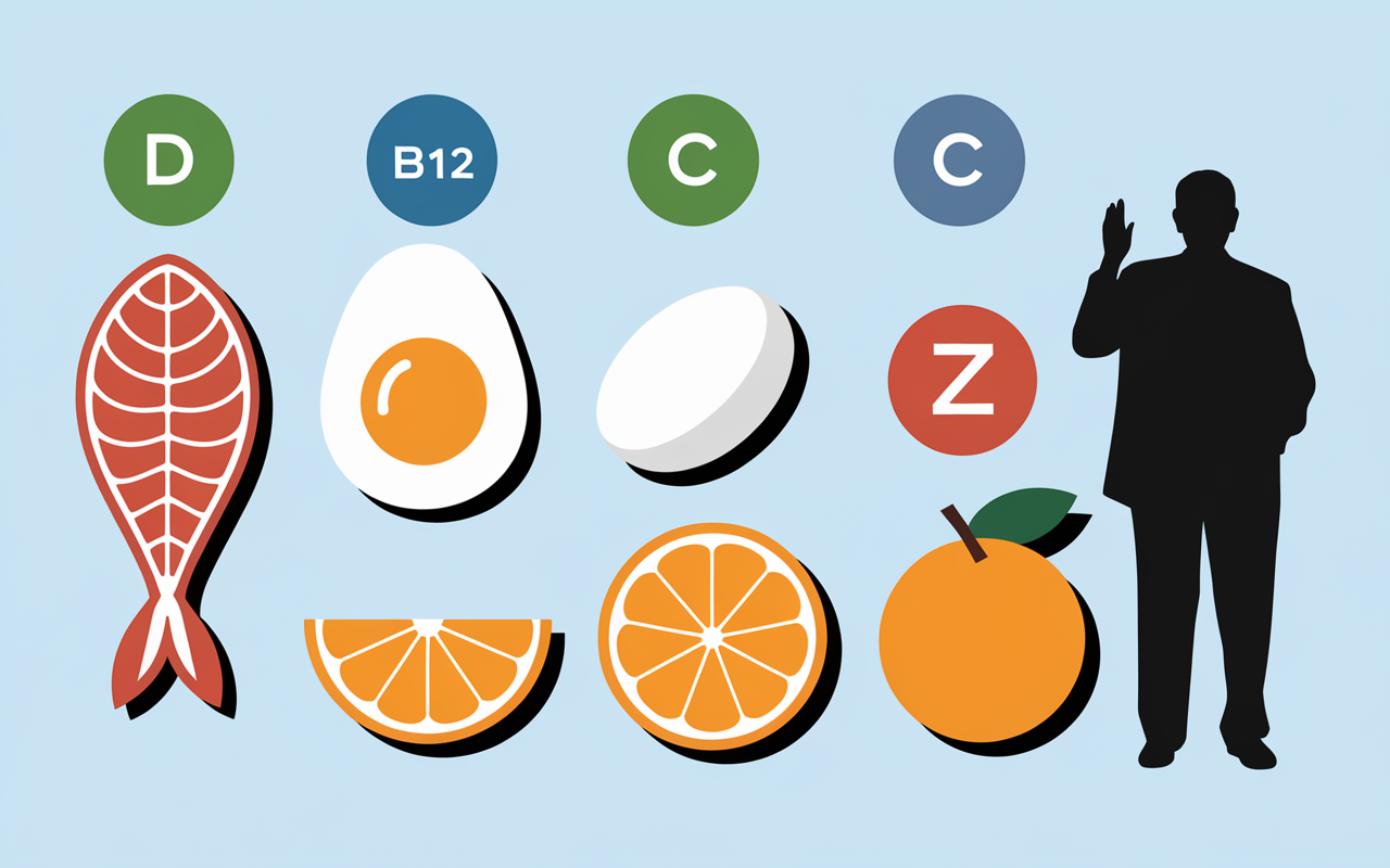 Tableau visuel vitamines senior 80 ans avec aliments et icones