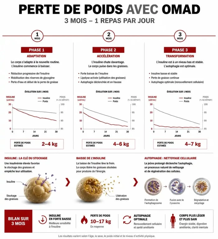 Infographie sur la perte de poids avec le régime 1 repas par jour (OMAD) et ses effets métaboliques