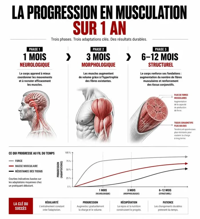Infographie des résultats de la musculation 5 fois par semaine sur 1 an