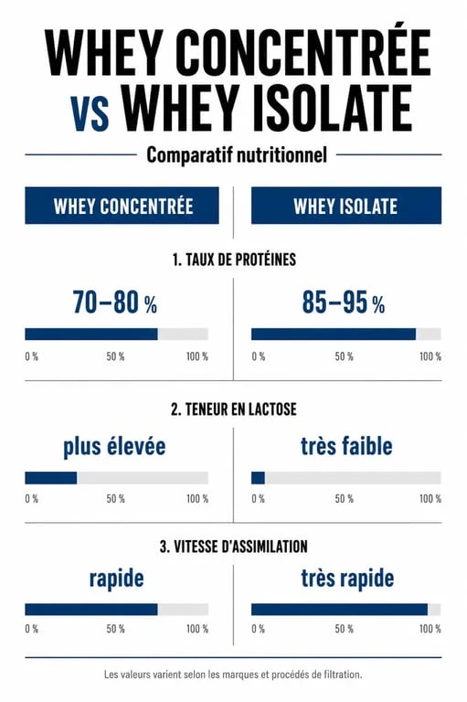 Infographie comparative des différences entre la whey concentrée et la whey isolate pour le choix de votre protéine.
