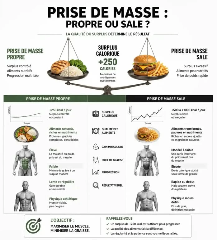 Infographie sur la prise de masse propre et la gestion du surplus calorique pour le muscle sec