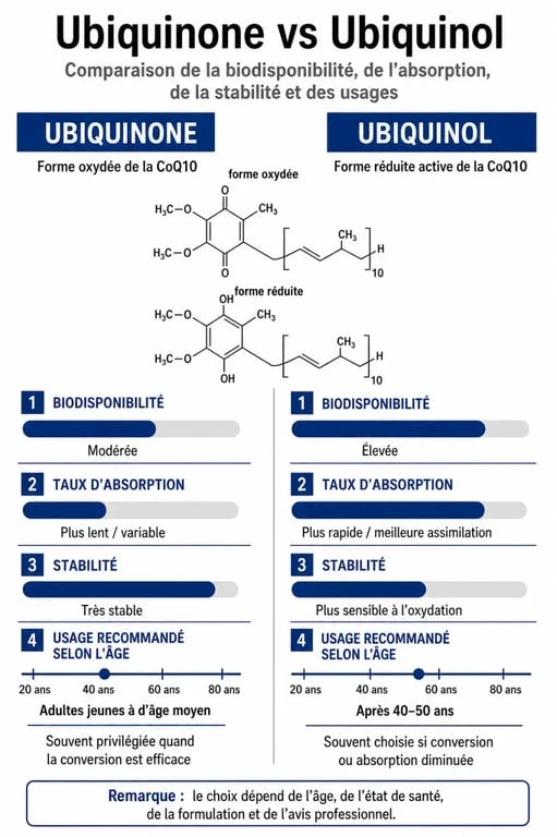 Infographie comparative entre l'ubiquinone et l'ubiquinol pour la supplémentation en coenzyme Q10