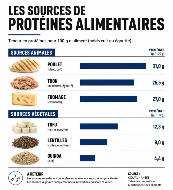 Infographie comparative des sources de protéines animales et végétales pour augmenter son apport quotidien.