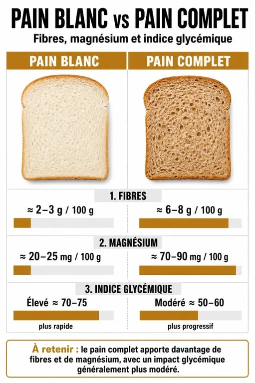 Infographie comparative des bienfaits nutritionnels du pain complet par rapport au pain blanc