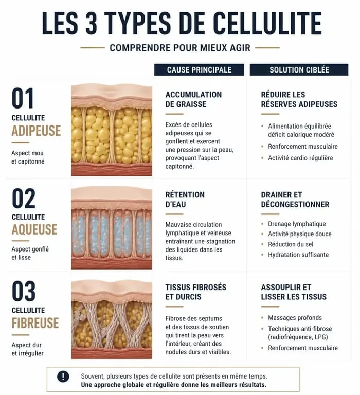 Infographie comparative des types de cellulite pour perdre la cellulite des cuisses