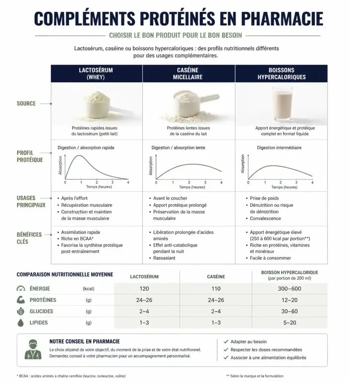 Infographie sur les protéines pour grossir disponibles en pharmacie : comparaison des types de compléments.