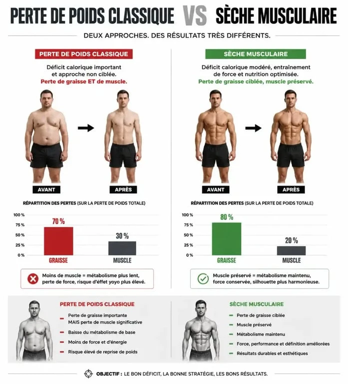 Infographie comparant la perte de poids classique et la sèche musculaire pour réussir sa sèche