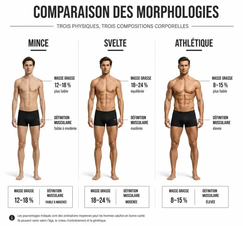 Comparaison visuelle des morphologies : corps svelte, corps mince et corps athlétique pour comprendre les différences de composition corporelle.