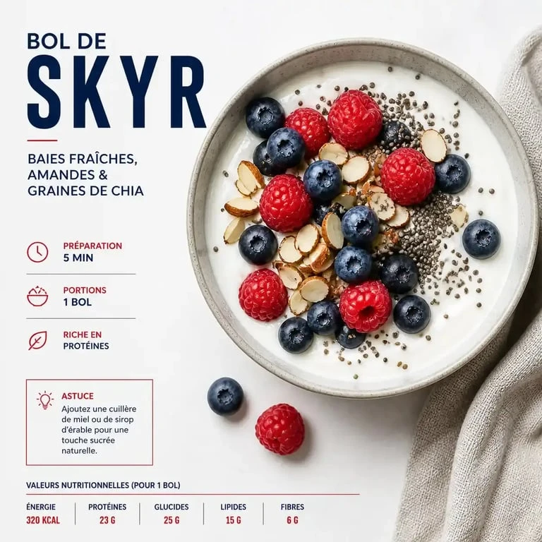Bol de Skyr protéiné avec fruits et oléagineux pour un petit dej proteiné rapide