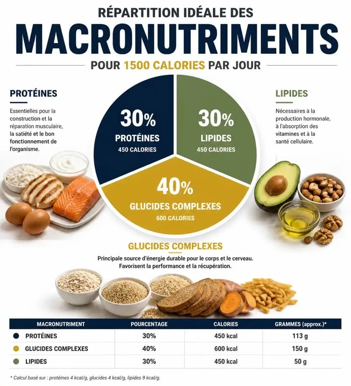 Répartition des macronutriments pour un régime de 1500 calories par jour