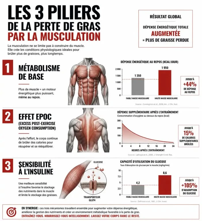 Infographie sur les mécanismes physiologiques pour maigrir par la musculation : métabolisme, effet EPOC et insuline