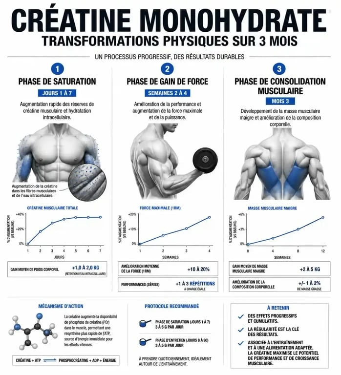Infographie des effets et délais de la créatine avant après sur la masse musculaire
