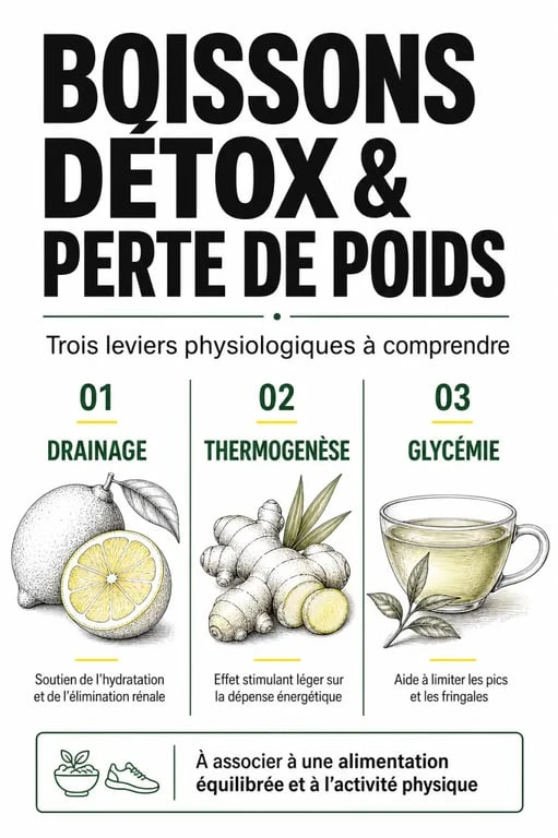 Infographie sur les bienfaits des boissons detox pour maigrir et leur action sur le métabolisme