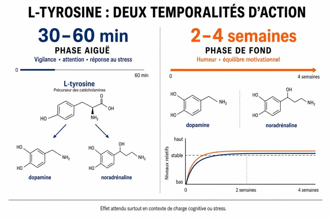 Infographie sur les délais d'action et les effets de la L-tyrosine sur la concentration et l'humeur