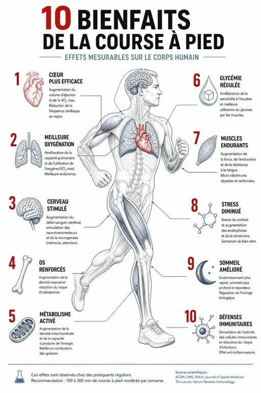 Infographie des 10 bienfaits de la course à pied sur la santé physique et mentale