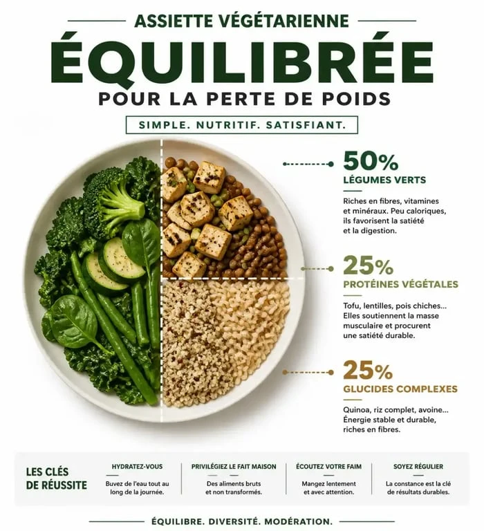 Composition d'une assiette végétarienne équilibrée pour perdre 10 kilos avec des protéines végétales et des légumes