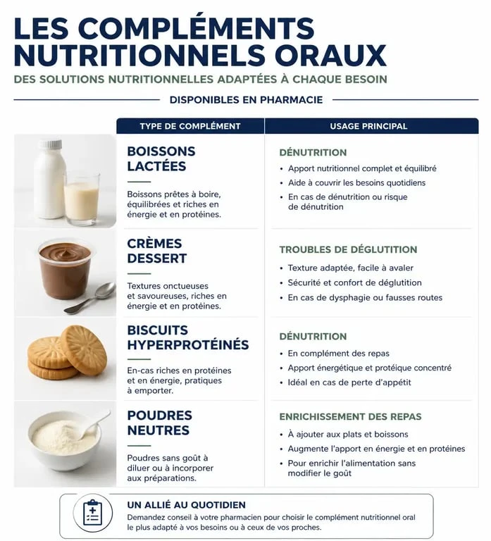 Infographie des différents types de compléments alimentaires hyperprotéinés en pharmacie et leurs indications
