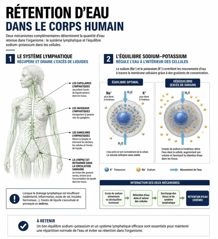 Infographie explicative sur le mécanisme de la rétention d'eau et les solutions anti rétention d eau puissant