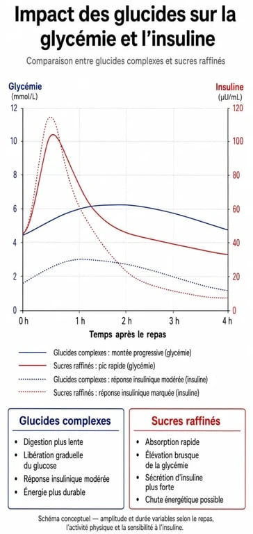 Infographie sur l'impact des bons glucides pour maigrir sur la glycémie et l'insuline