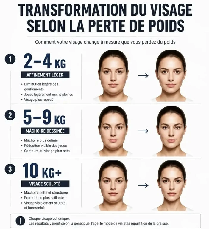 Infographie sur la perte de poids avant apres visage : impact visuel selon les kilos perdus