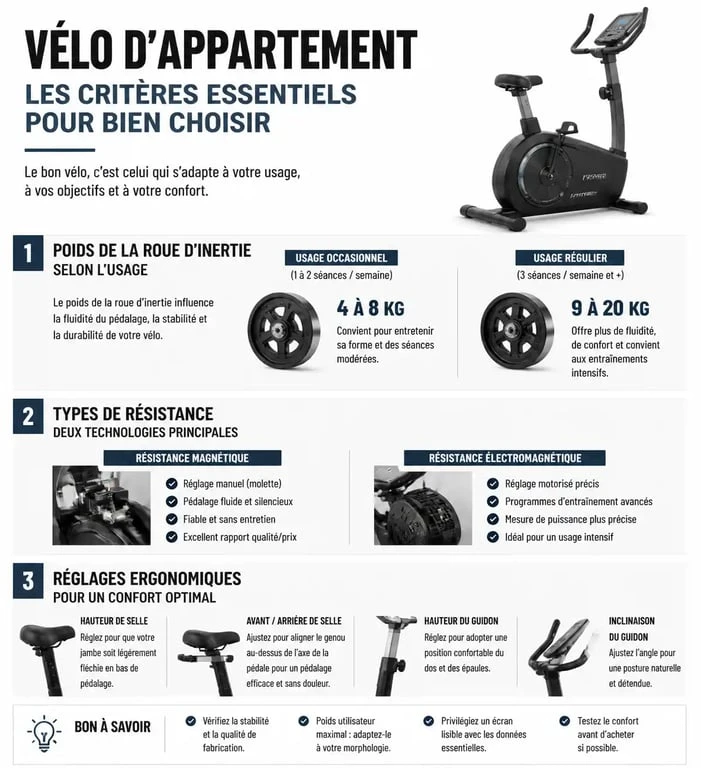 Infographie des critères techniques pour choisir le meilleur vélo d'appartement selon votre usage et vos besoins