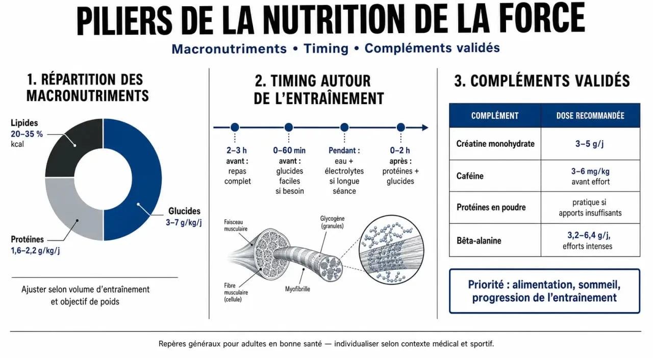 Infographie des piliers de la nutrition de la force pour optimiser la performance et la récupération.