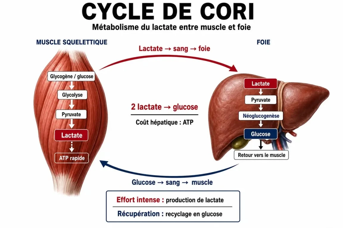 Schéma explicatif du cycle de Cori et du métabolisme de l'acide lactique et sport