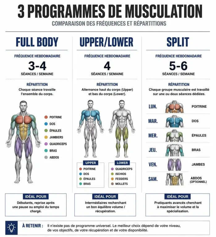 Infographie comparative des programmes de musculation pour une semaine : Full Body, Upper/Lower et Split