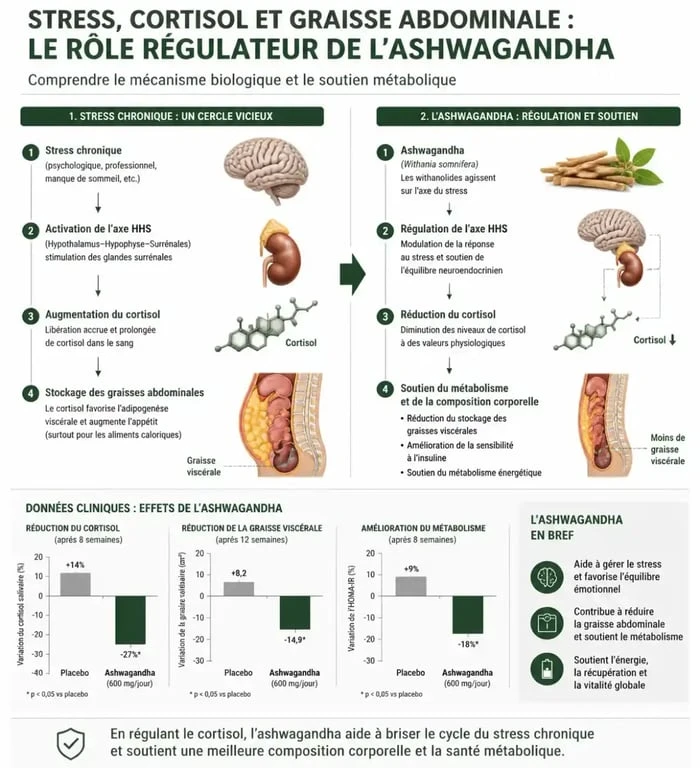 Infographie expliquant le lien entre l'ashwagandha, la régulation du cortisol et la perte de poids