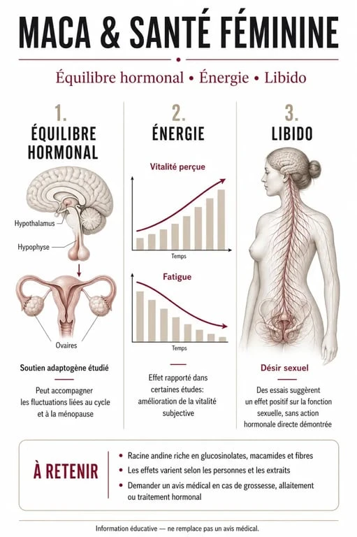 Infographie des bienfaits de la maca pour la femme : équilibre hormonal, énergie et libido