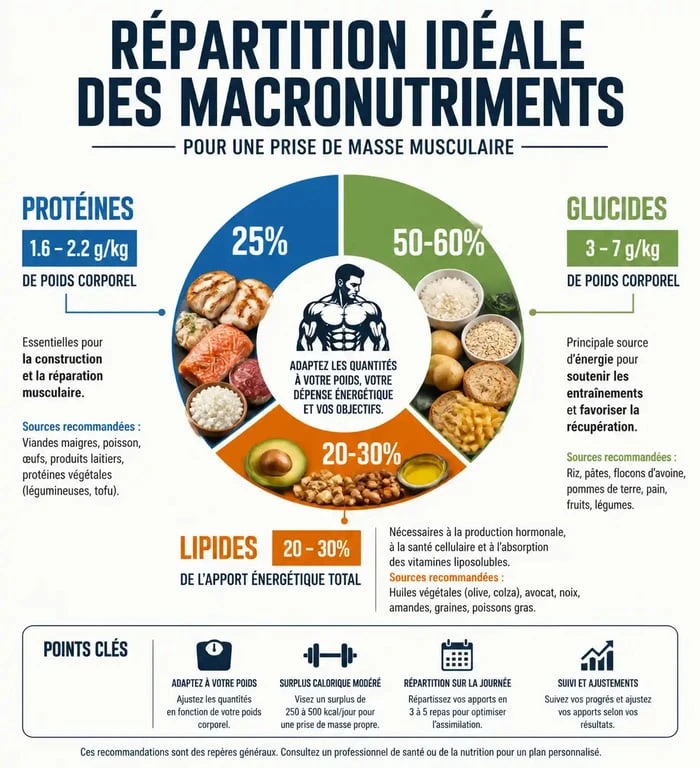 Infographie sur la répartition des macronutriments pour une prise de masse musculaire efficace