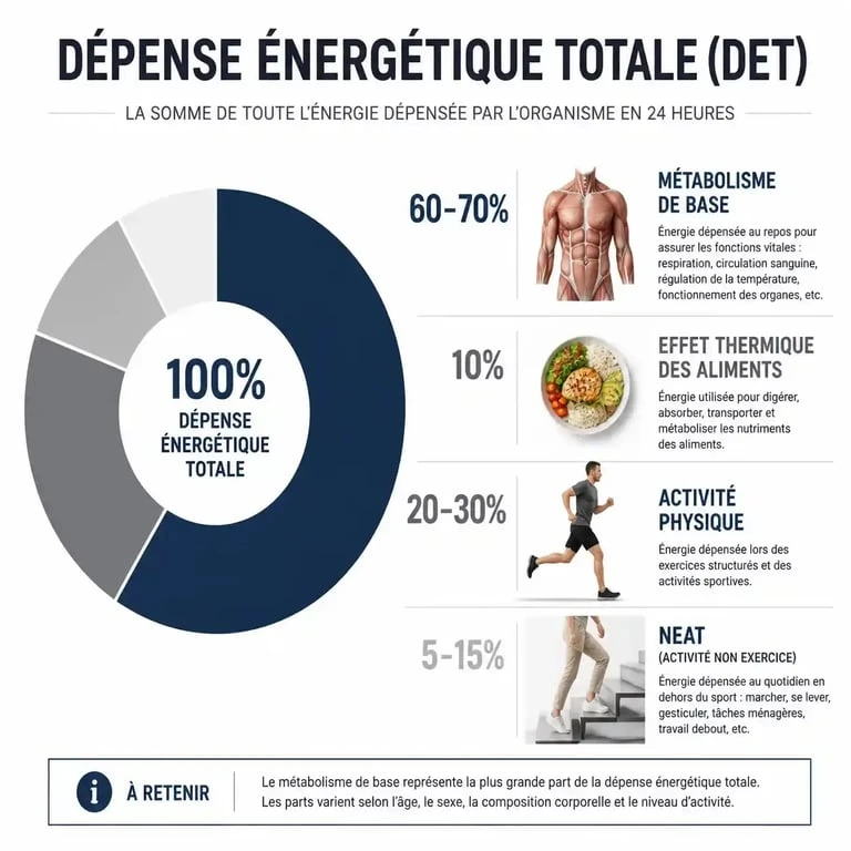 Infographie expliquant le calcul des calories pour la prise de masse musculaire et la dépense énergétique totale