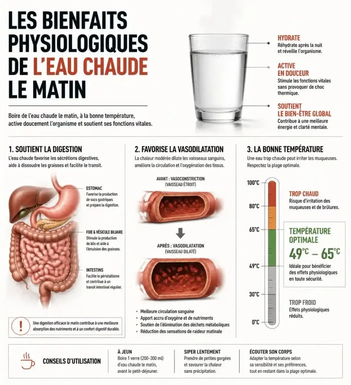 Infographie sur les bienfaits de boire de l'eau chaude le matin pour la santé digestive