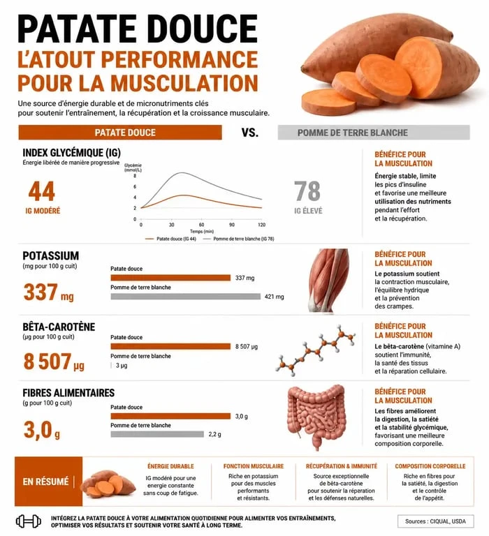 Infographie des bienfaits nutritionnels de la patate douce pour la musculation