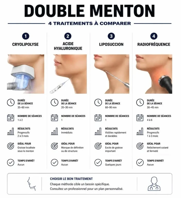 Infographie comparative des traitements esthétiques pour perdre du double menton : cryolipolyse, acide hyaluronique, liposuccion et radiofréquence.