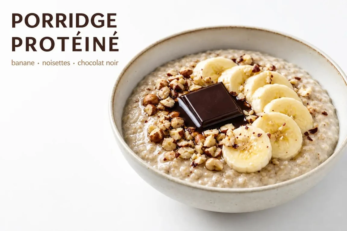 Bol de porridge protéiné onctueux avec noisettes, banane et chocolat noir pour un petit-déjeuner sain