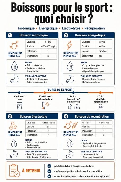 Boisson pour le sport : infographie comparative des types de boissons, usages et compositions