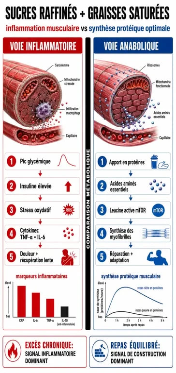 Infographie sur les effets des aliments mauvais pour les muscles et l'impact sur la récupération musculaire.