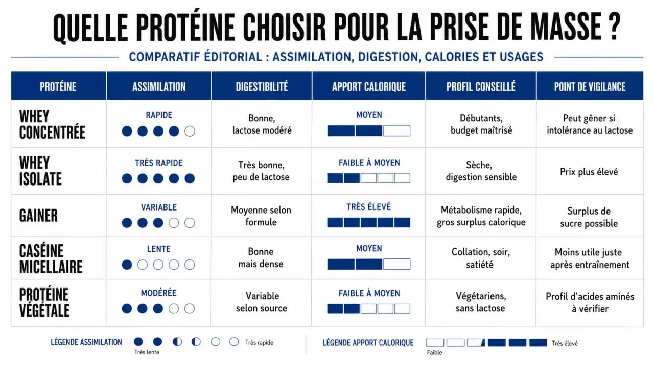 Comparatif de la meilleur proteine prise de masse entre whey, isolate, gainer et caséine
