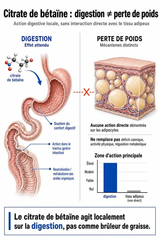 Infographie expliquant pourquoi le citrate de bétaïne n'est pas un brûle-graisse et son rôle réel dans la digestion