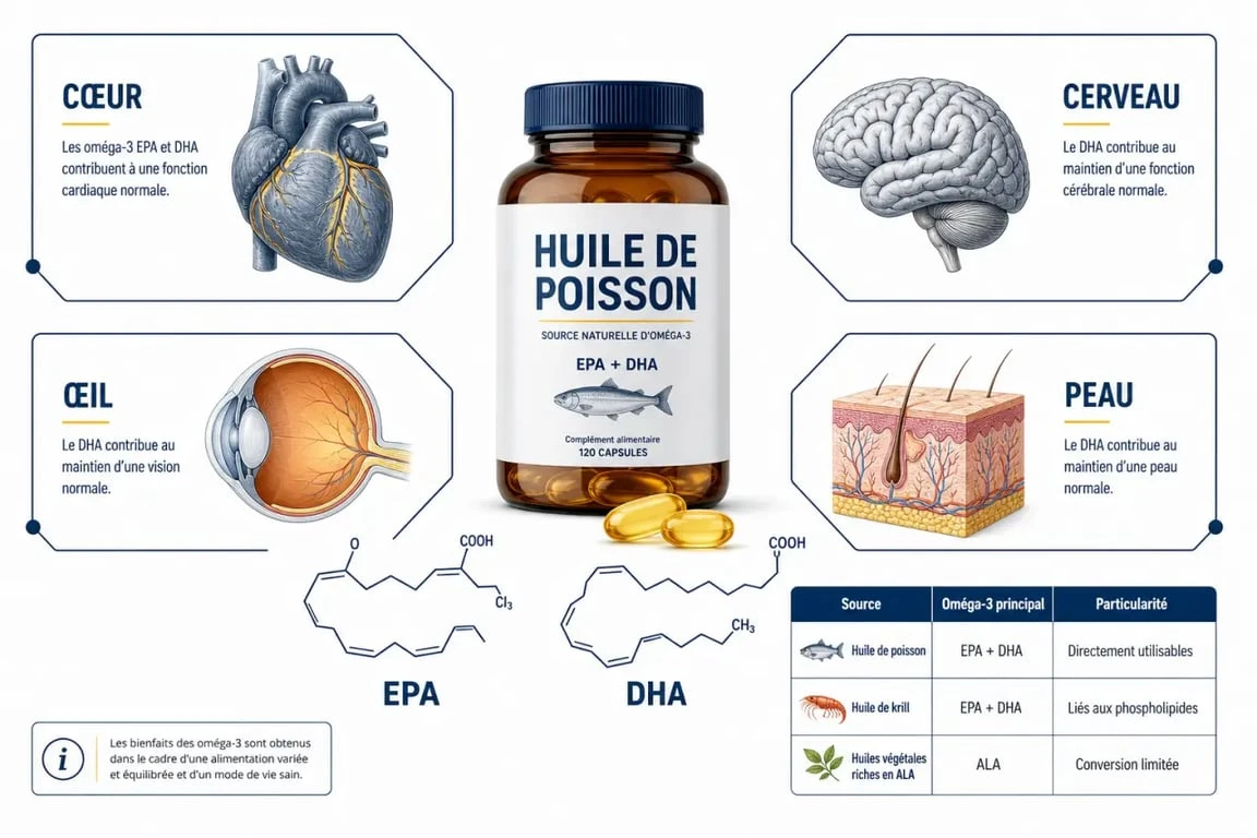 Huile de poisson bienfaits : schéma éditorial des oméga-3 EPA et DHA pour le cœur, le cerveau, la vision et la peau
