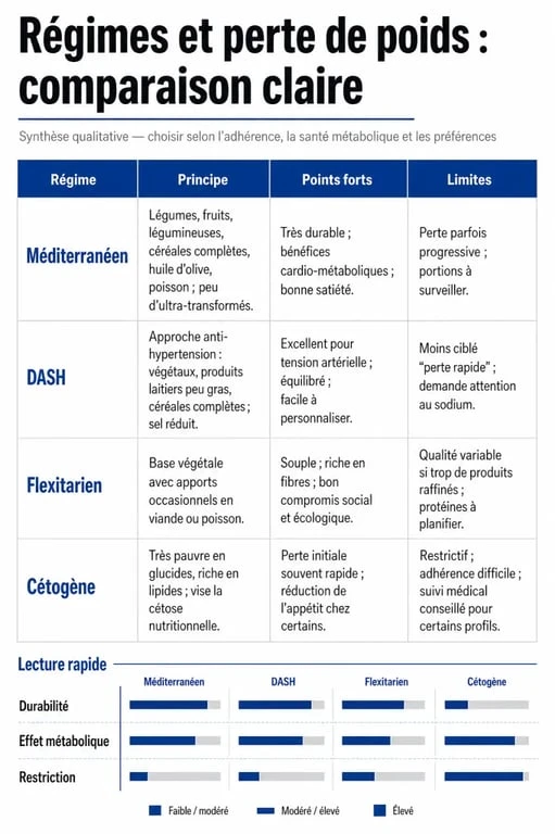 Meilleur regime pour perdre du poids : comparaison visuelle des régimes méditerranéen, DASH, flexitarien et cétogène