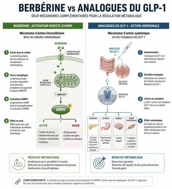 Infographie expliquant le mécanisme d'action de la berbérine pour la perte de poids et comparaison avec les traitements GLP-1