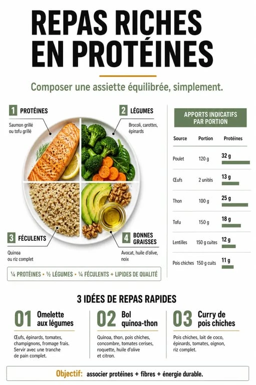 Infographie sur les repas riche en proteine avec exemples de repas et apports indicatifs