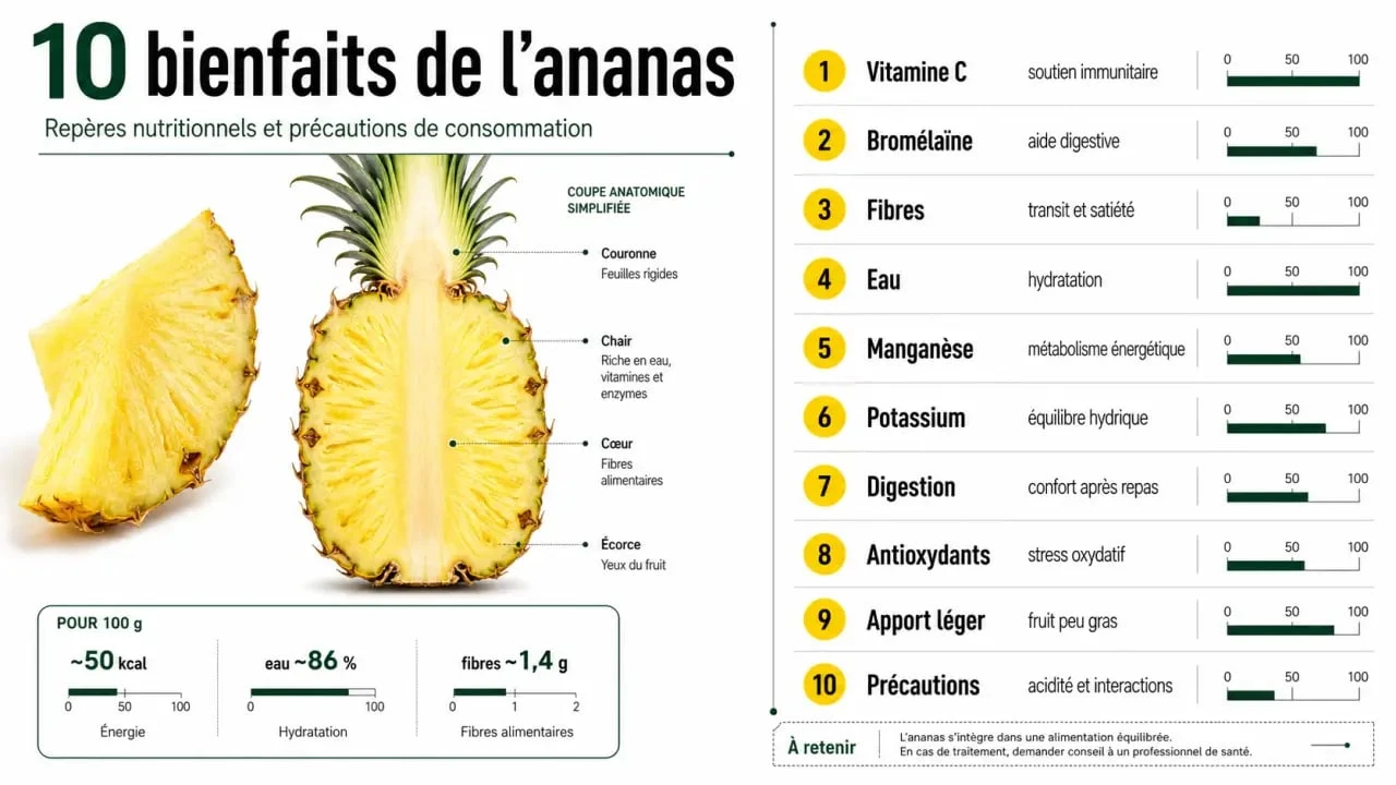10 bienfaits de l ananas : visuel éditorial sur la vitamine C, la bromélaïne et les apports nutritionnels
