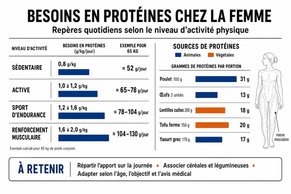 Infographie sur les besoins en protéines par jour pour une femme pour maigrir et sources alimentaires.