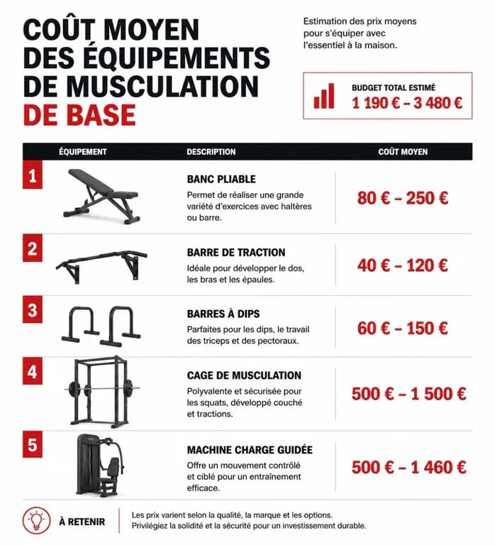 Infographie des prix moyens des équipements pour musculation à domicile