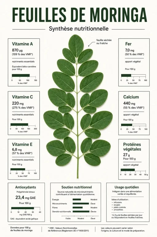 Bienfaits des feuilles de moringa : visuel éditorial sur la composition nutritionnelle, les antioxydants et les apports en vitamines et minéraux