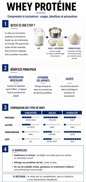 Pourquoi prendre de la whey : infographie sur les bénéfices, les types de whey et les précautions